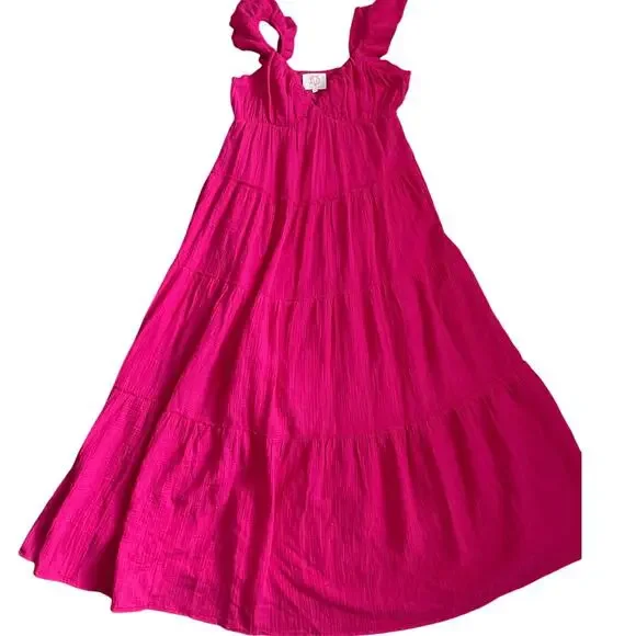 Victoria Dunn Folly Gauzy Pink Tiered Ruffled Sleeve Maxi Dress Size‎ Medium